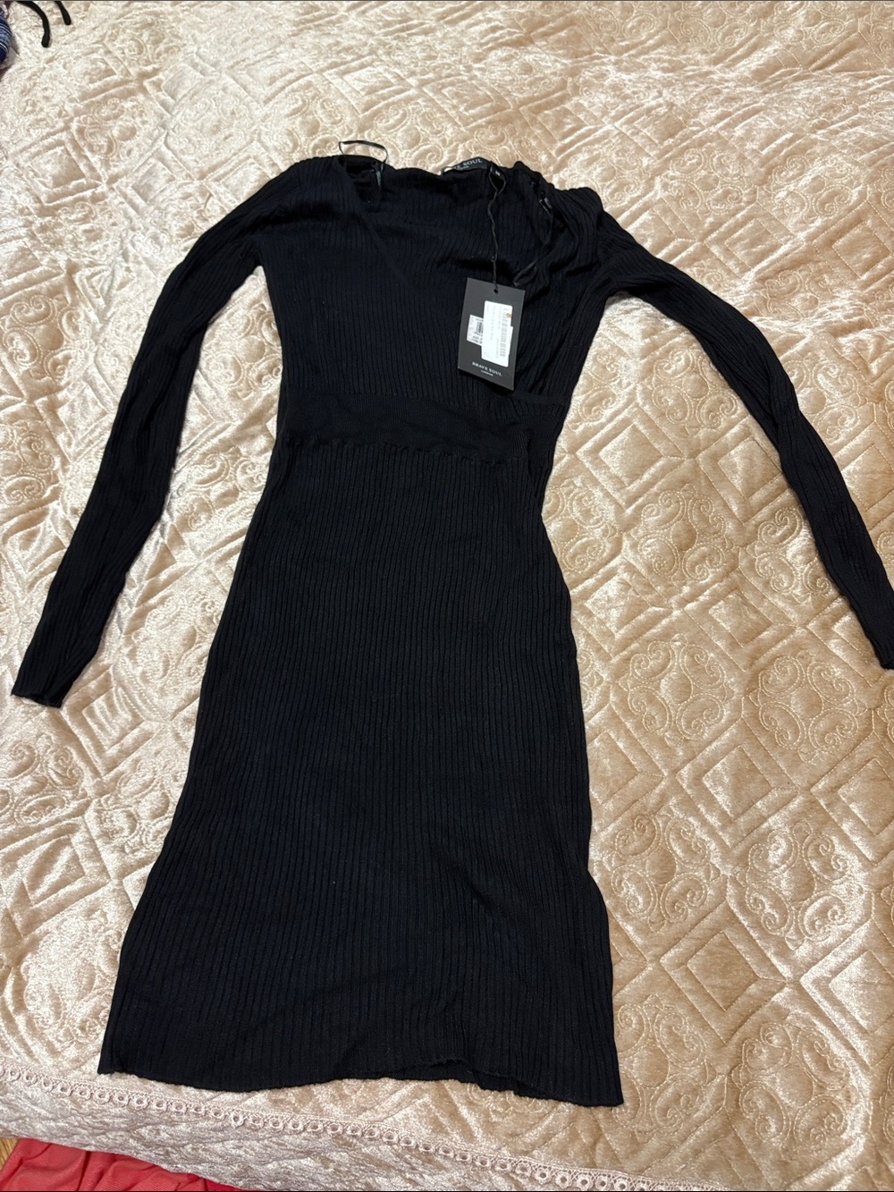 Black Ribbed Long Sleeve Sheath Dress - Unbranded